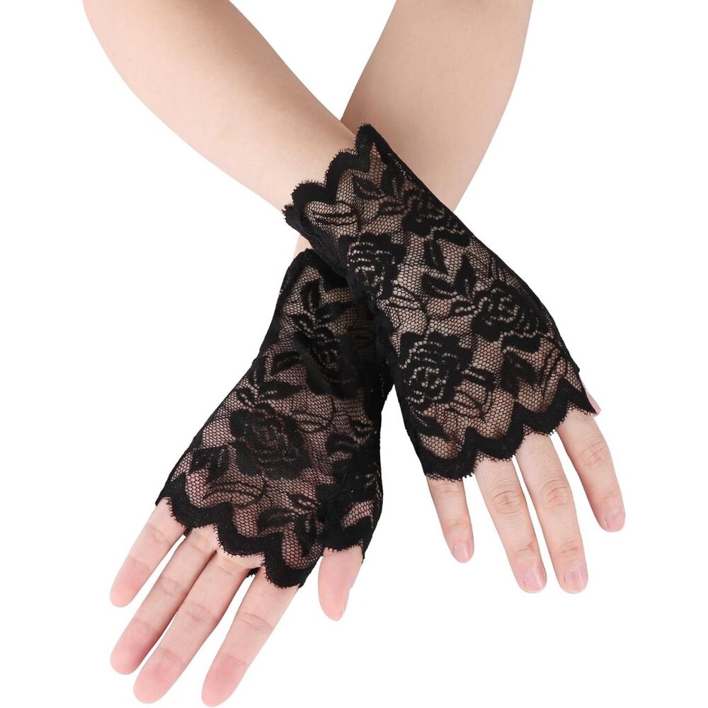 Women's Black Fingerless Floral Short Lace Gloves Halloween Party Accessories